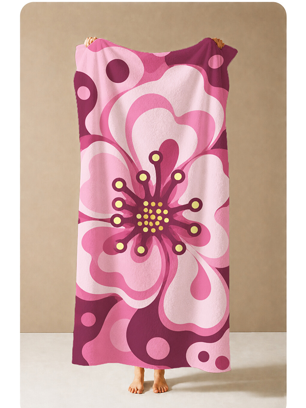 Retro Psikedelik Pembe Büyük Çiçek Ve Dalga Desenli 70x150 Plaj Havlusu - Pamuklu Banyo Havlusu-4