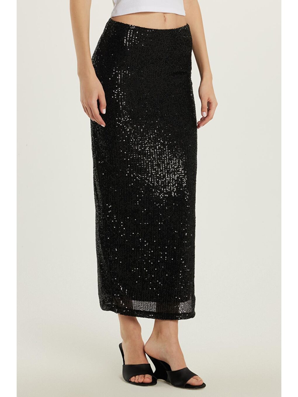 Kadın Slim Fit Simli Uzun Düz Siyah Etek