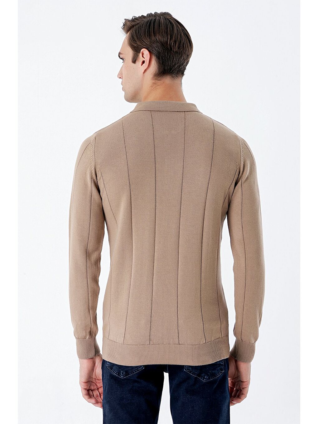 Kahverengi Koyu Camel Uzun Kollu Desenli Örme Polo Yaka Pamuklu Klasik Comfort Fit Triko 1012235165-5