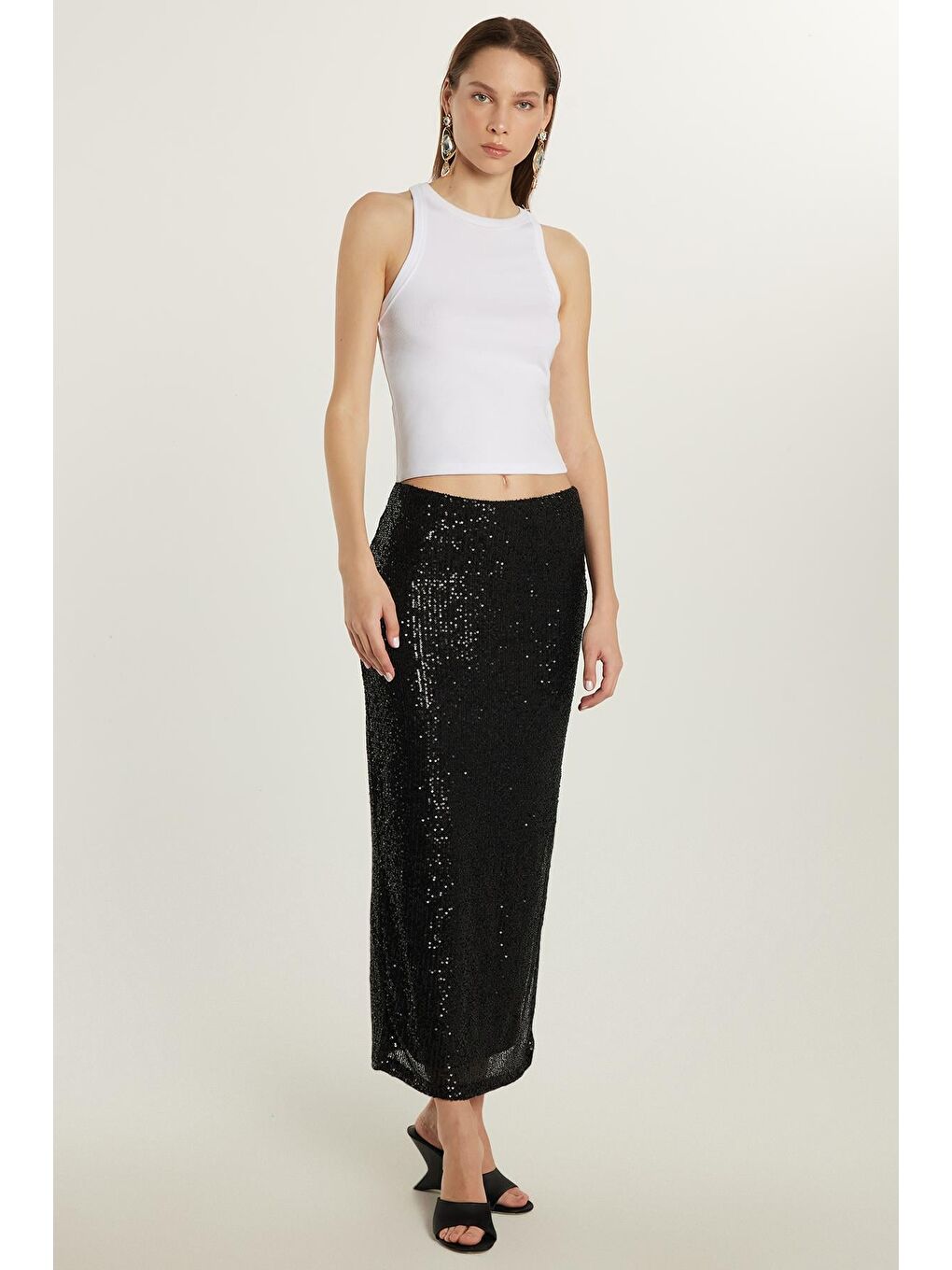 Kadın Slim Fit Simli Uzun Düz Siyah Etek-1