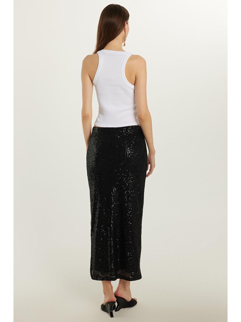 Kadın Slim Fit Simli Uzun Düz Siyah Etek-4