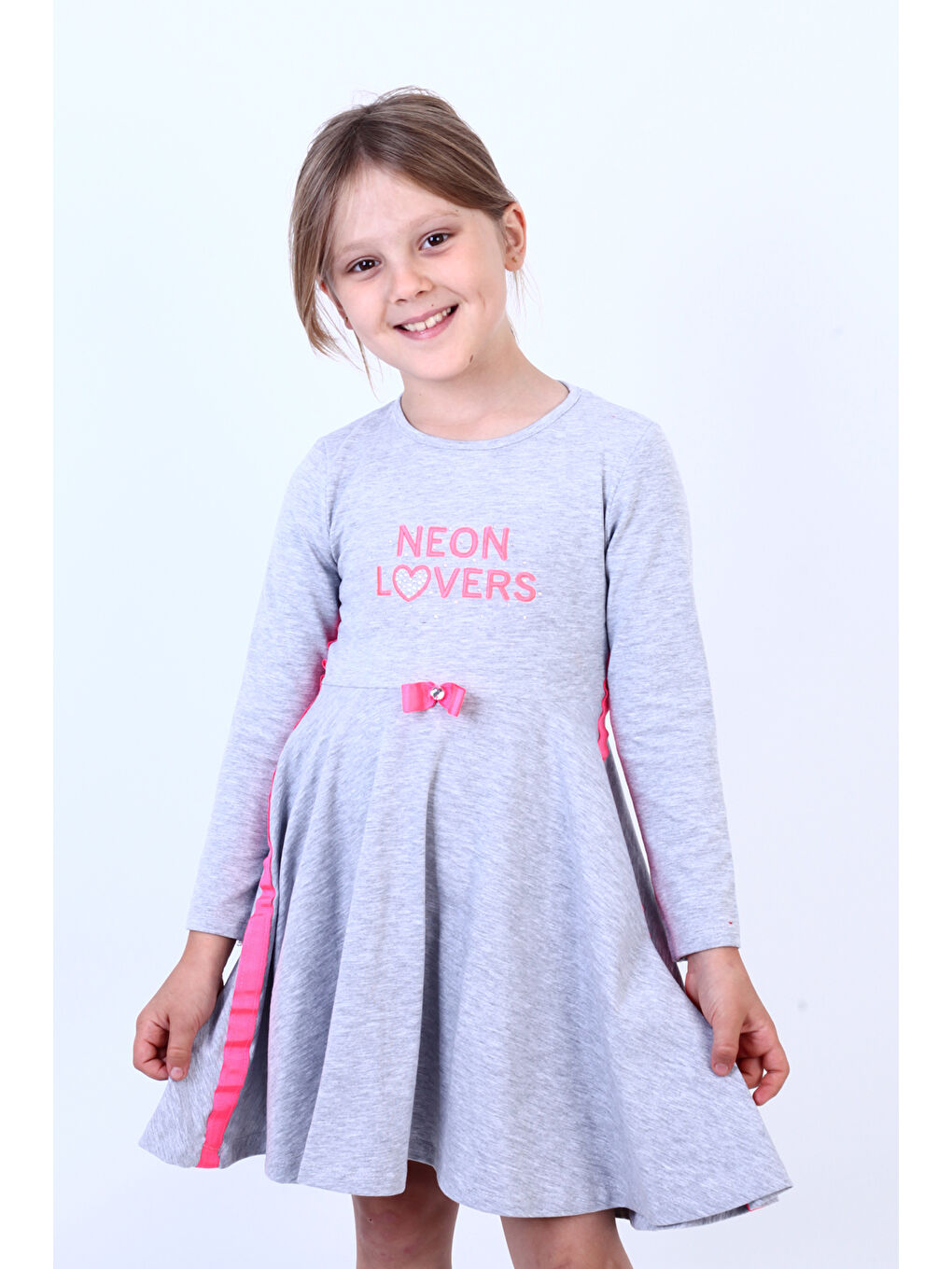 Gri Kız Çocuk Neon Lover Nakışlı Elbise-2