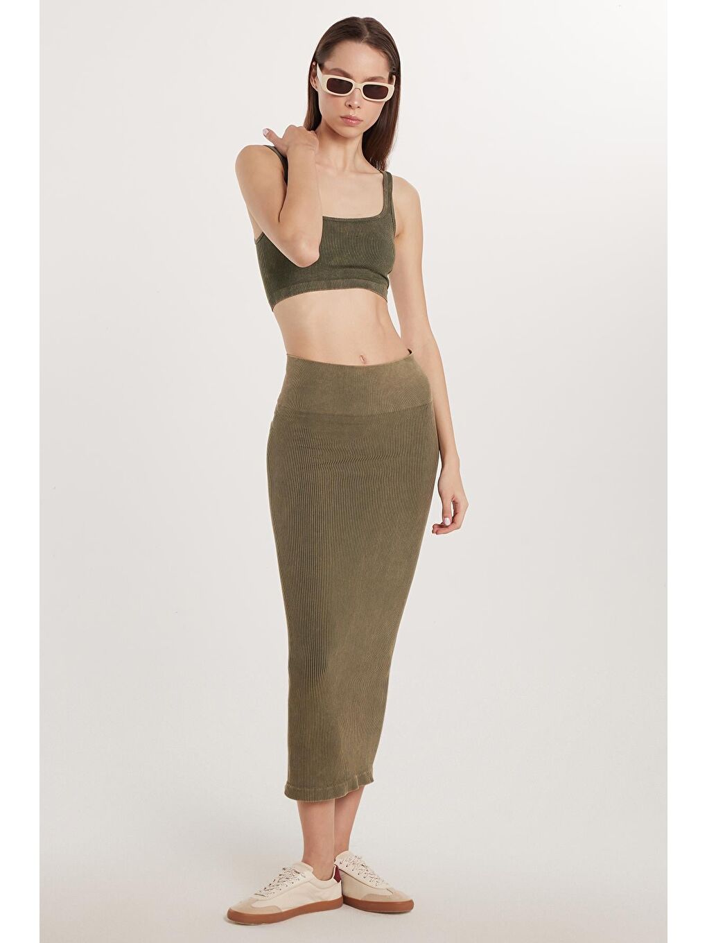 Kadın Slim Fit Pamuklu Düz Uzun Haki Etek-2