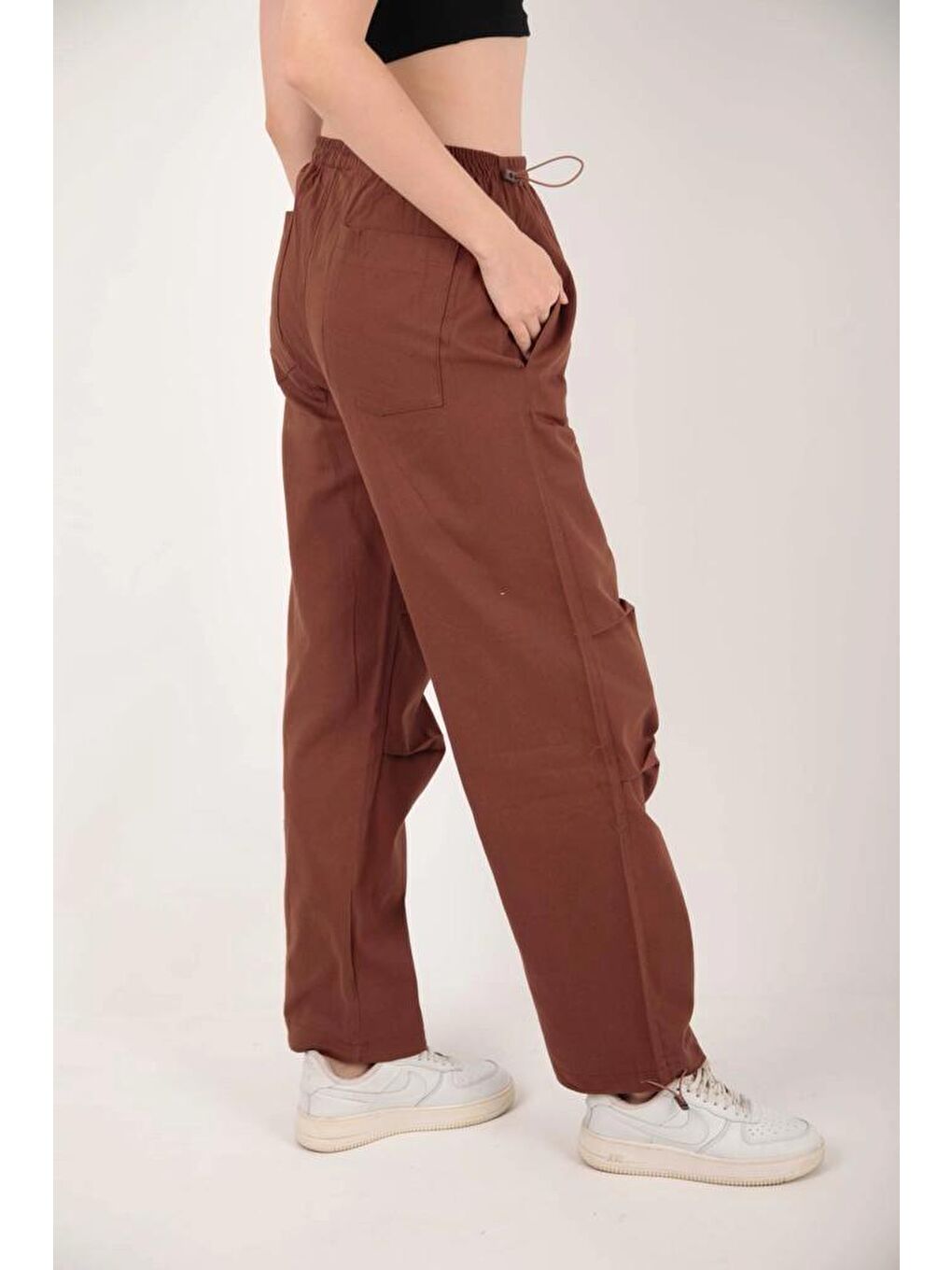 Stil Diva Kahverengi Gabardin Kumaş Cepli Beli ve Bileği İpli Jogger Pantolon 5164 - 3