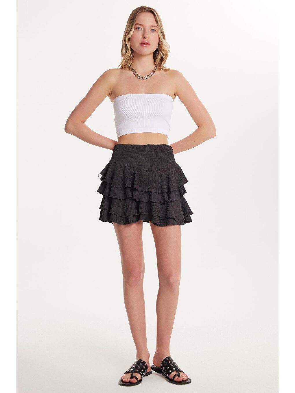 Kadın Relax Fit Rahat Kesim Beli Lastikli Piliseli Antrasit Etek-1