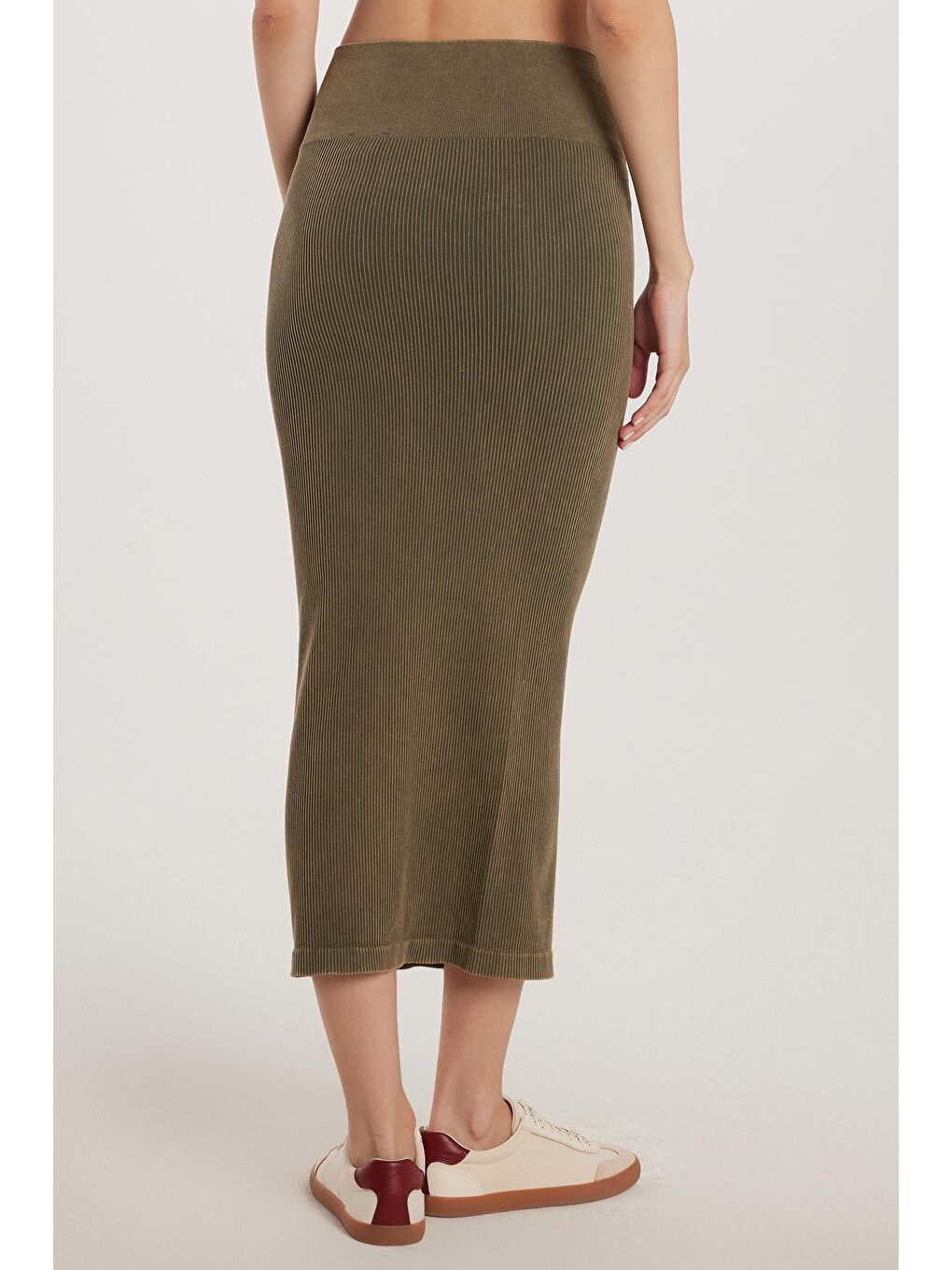 Kadın Slim Fit Pamuklu Düz Uzun Haki Etek-4