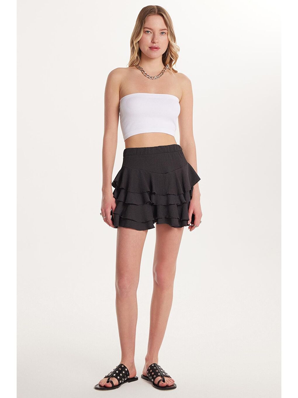 Kadın Relax Fit Rahat Kesim Beli Lastikli Piliseli Antrasit Etek-3