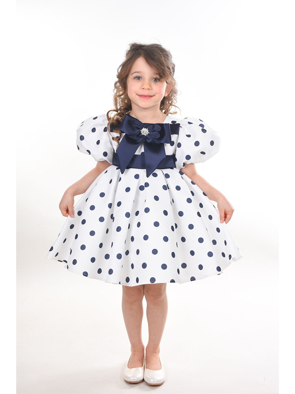 Ekru Özel Tasarım Kız Çocuk Elbisesi, Doğum Günü Elbisesi, Mezuniyet Elbisesi, Puantiyeli, Fiyonk Detaylı-1
