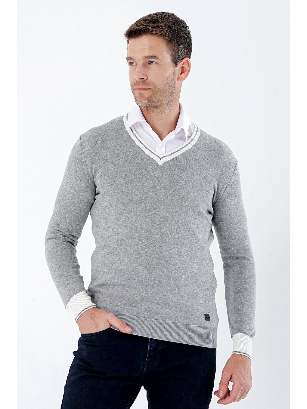 Gri Uzun Kollu Desenli Örme V Yaka Pamuklu Klasik Comfort Fit Triko 1012235168