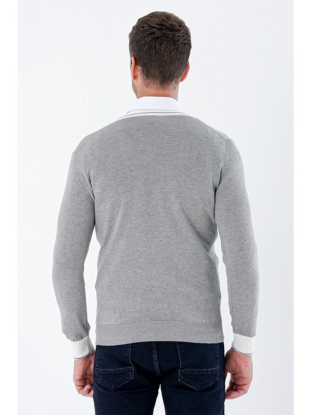 Gri Uzun Kollu Desenli Örme V Yaka Pamuklu Klasik Comfort Fit Triko 1012235168-1