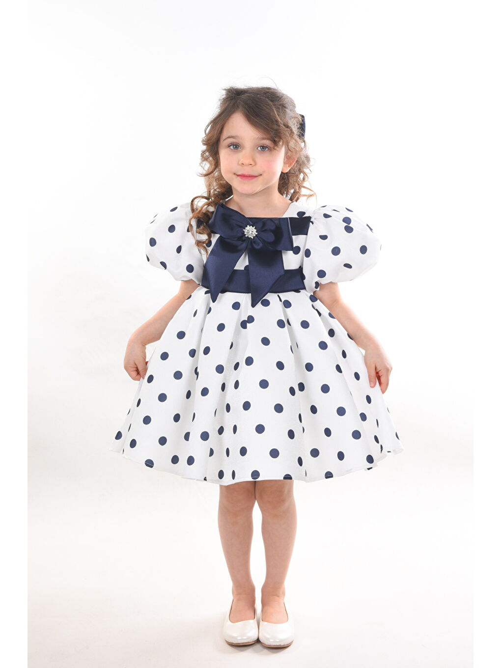 Ekru Özel Tasarım Kız Çocuk Elbisesi, Doğum Günü Elbisesi, Mezuniyet Elbisesi, Puantiyeli, Fiyonk Detaylı-2