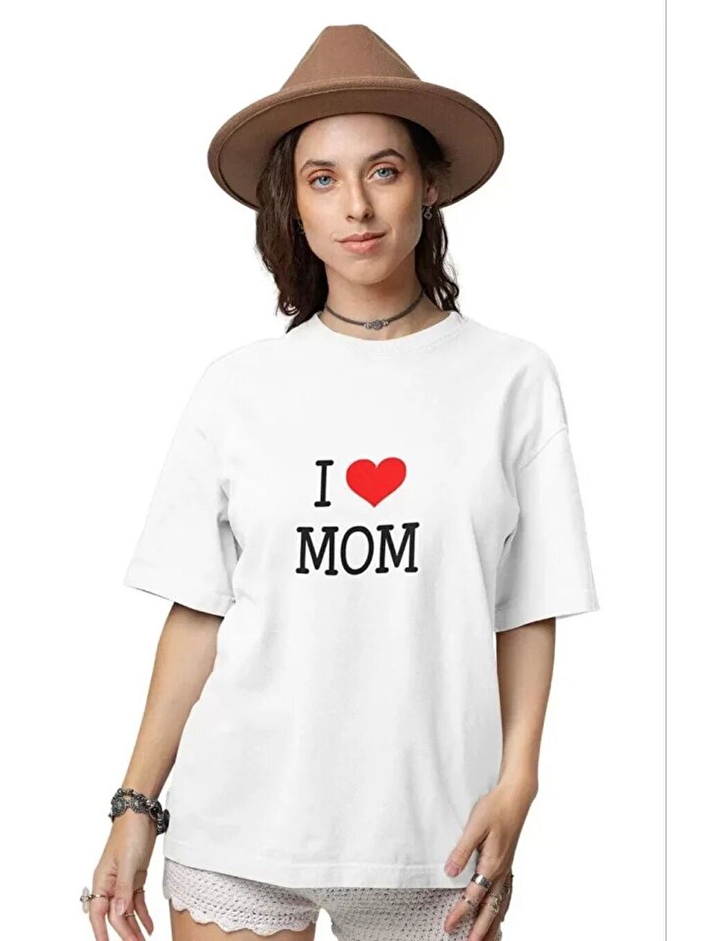 Unisex Bisiklet Yaka Baskılı Oversize T-Shirt - Beyaz