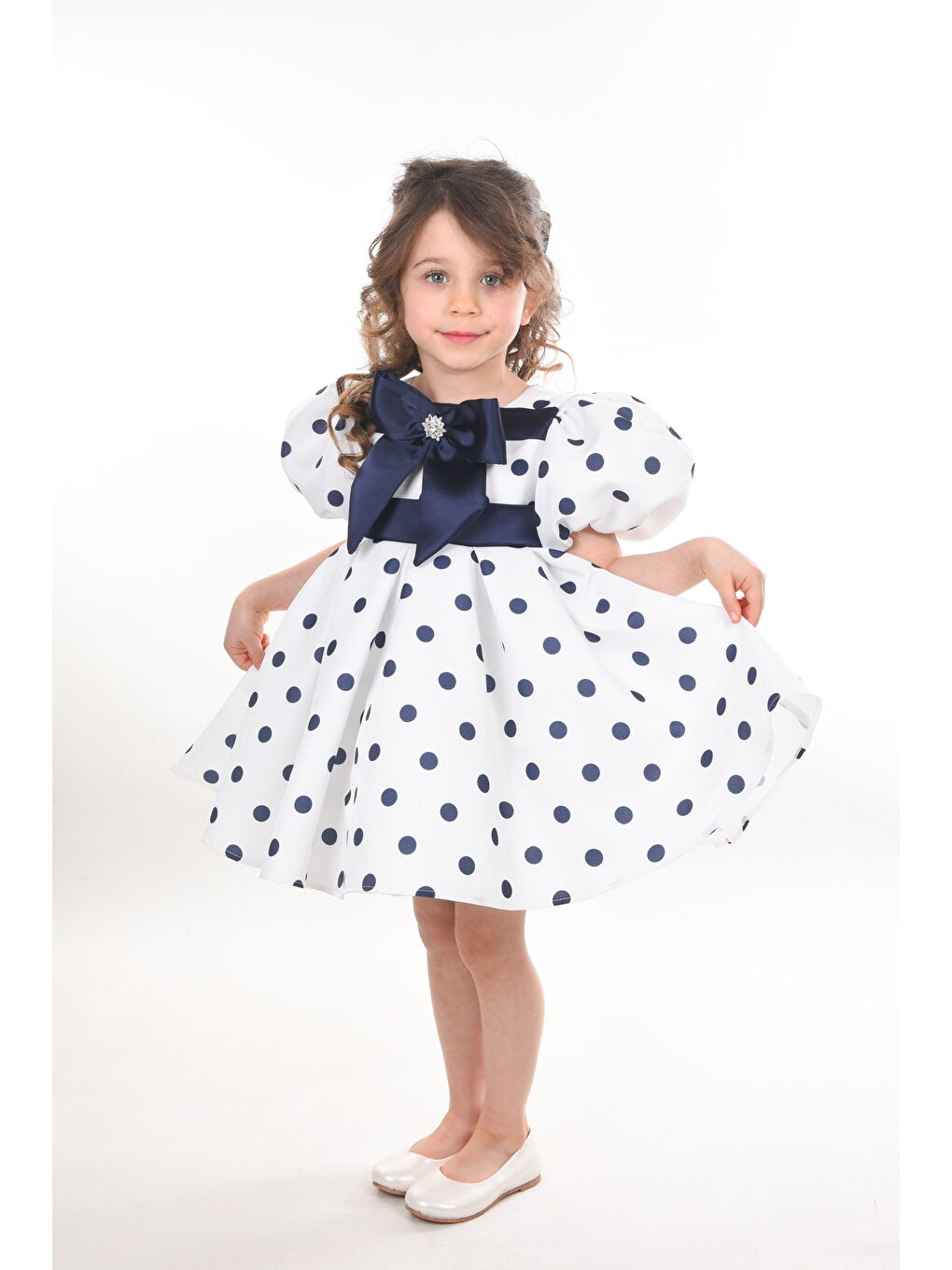 Ekru Özel Tasarım Kız Çocuk Elbisesi, Doğum Günü Elbisesi, Mezuniyet Elbisesi, Puantiyeli, Fiyonk Detaylı-3