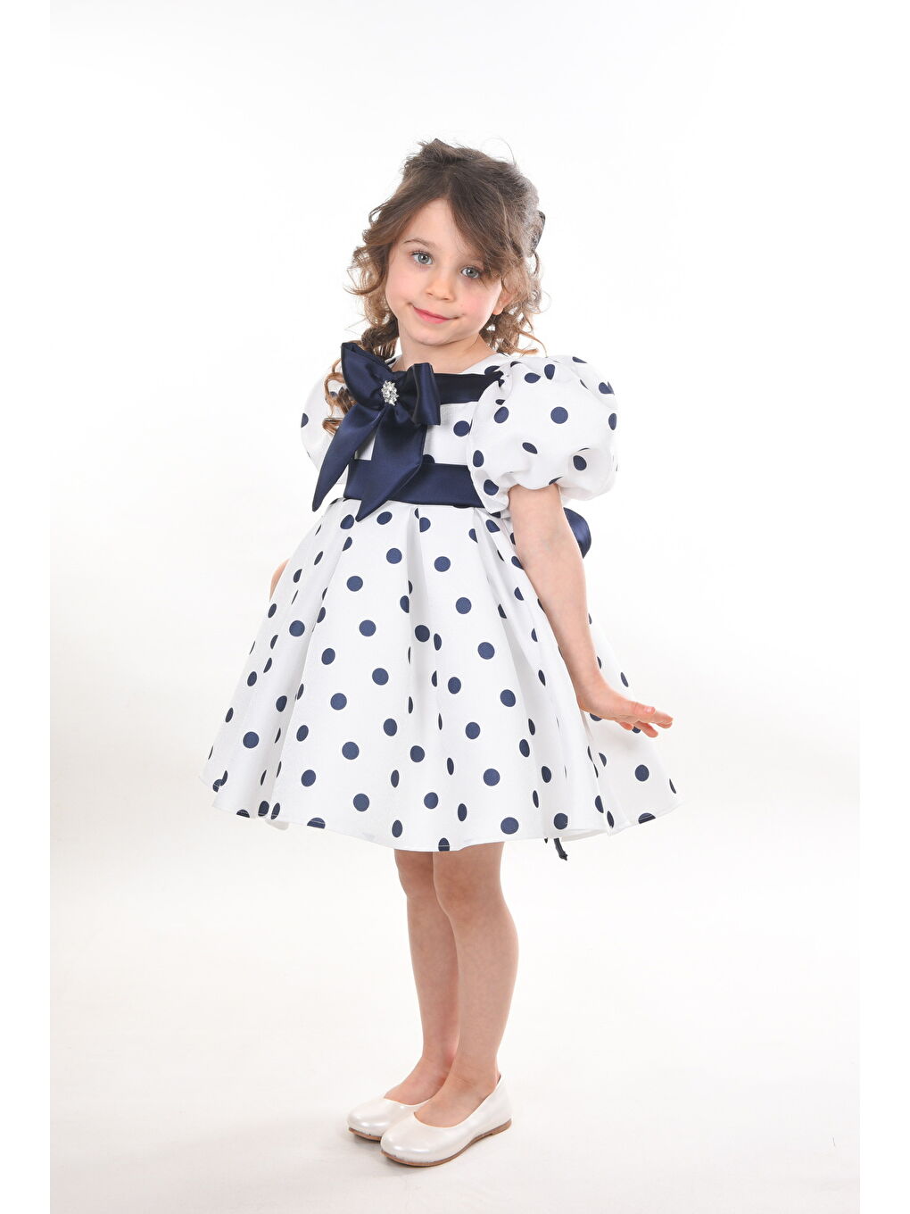 Ekru Özel Tasarım Kız Çocuk Elbisesi, Doğum Günü Elbisesi, Mezuniyet Elbisesi, Puantiyeli, Fiyonk Detaylı-4