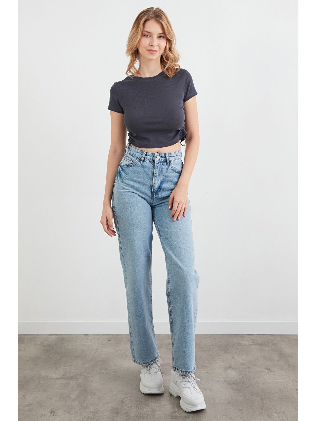 Gri Basic Yanları Stoperli Crop Tişört-3