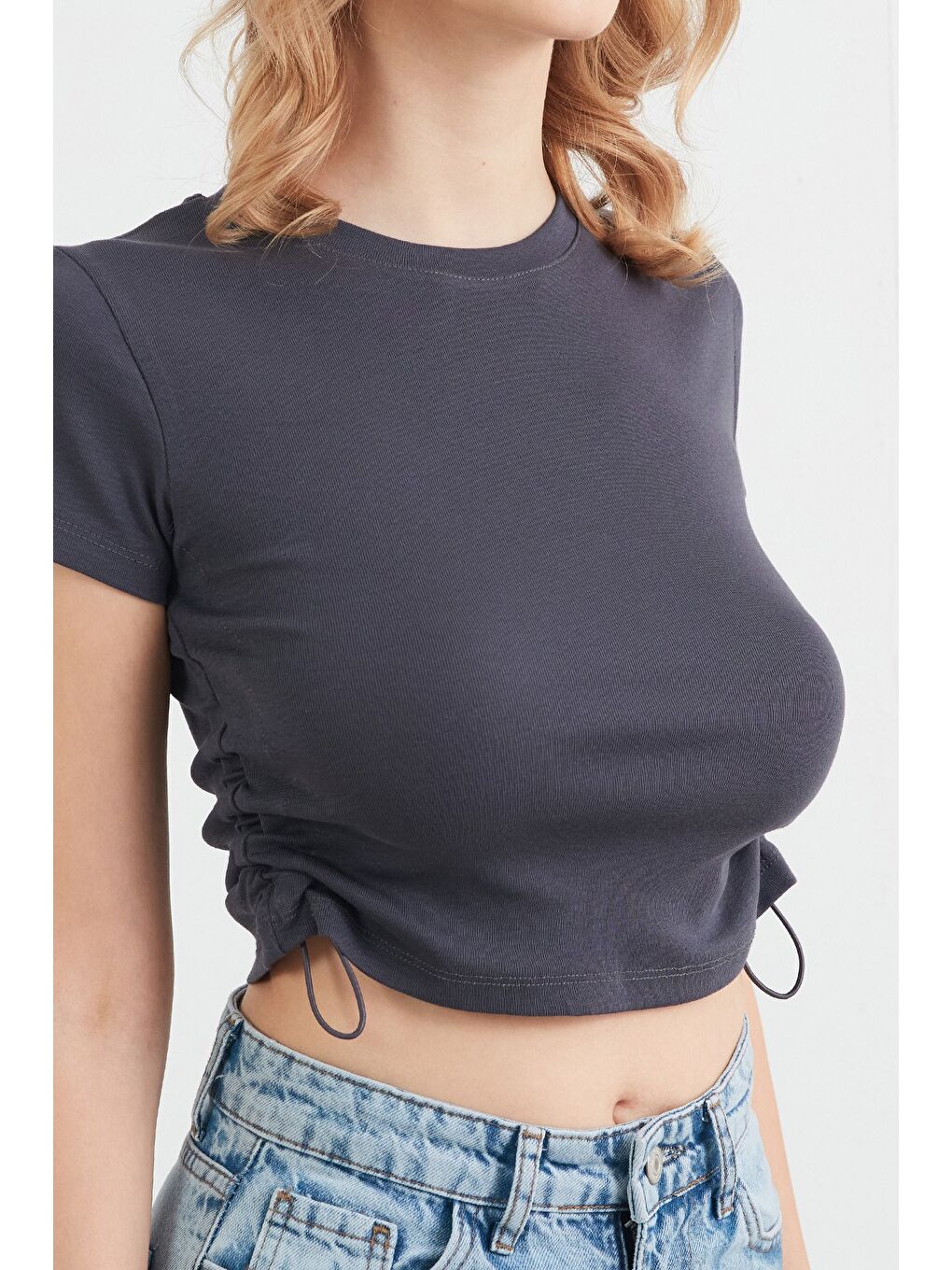 Gri Basic Yanları Stoperli Crop Tişört-4