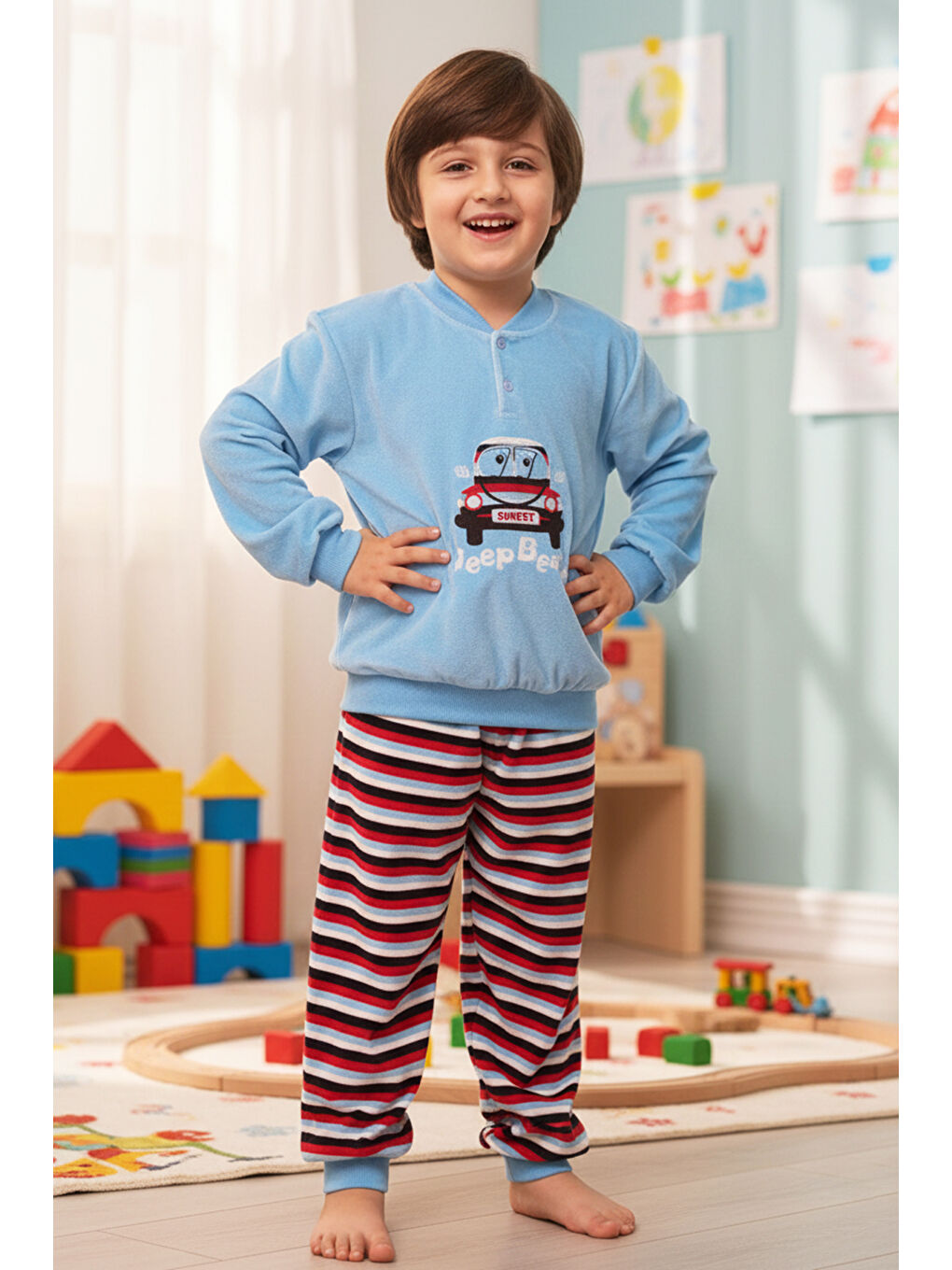 Erkek Çocuk Kadife Pijama Takımı 1664 Mavi01