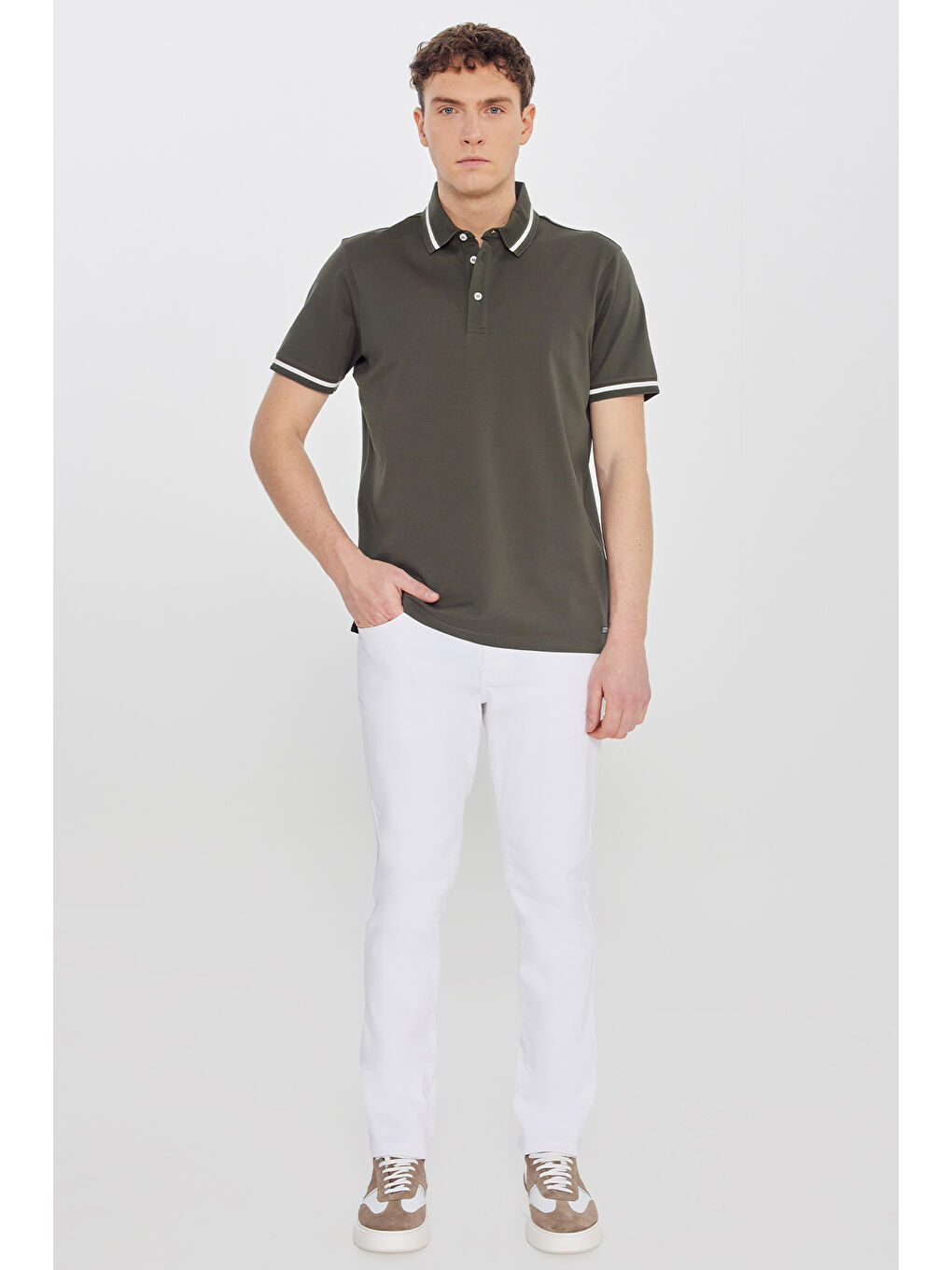 Erkek Haki %100 Pamuk Standart Fit Normal Kesim Polo Yaka Tişört-2