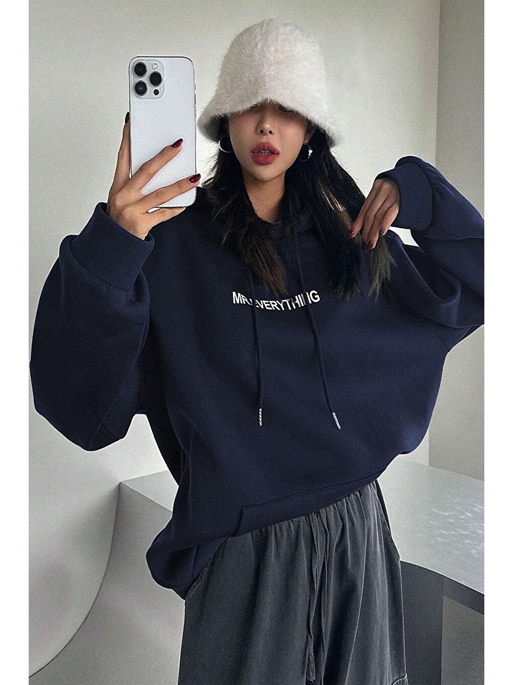 uyguntarz Lacivert Mr. Everyting Baskılı Oversize Sweatshirt