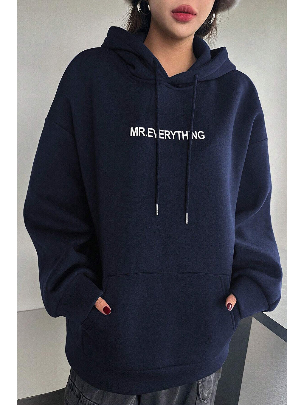 uyguntarz Lacivert Mr. Everyting Baskılı Oversize Sweatshirt - 1