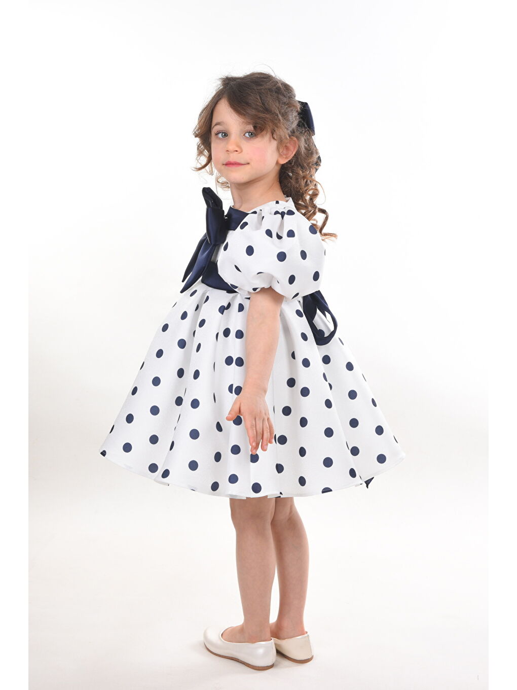 Ekru Özel Tasarım Kız Çocuk Elbisesi, Doğum Günü Elbisesi, Mezuniyet Elbisesi, Puantiyeli, Fiyonk Detaylı-6