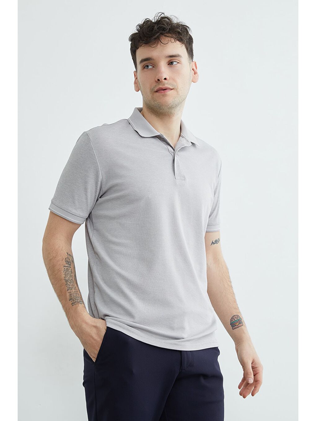 Gri Ribanalı Polo Yaka Tişört-2