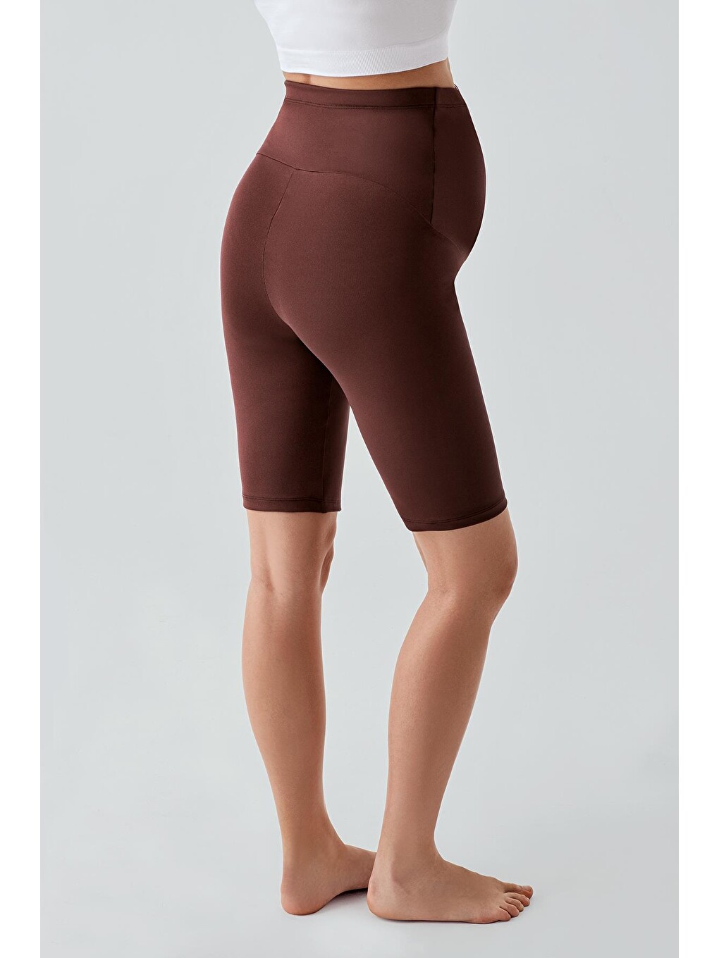 Kahverengi Diz Üstü Biker Esnek Ayarlanabilir Bel Hamile Tayt T12-3