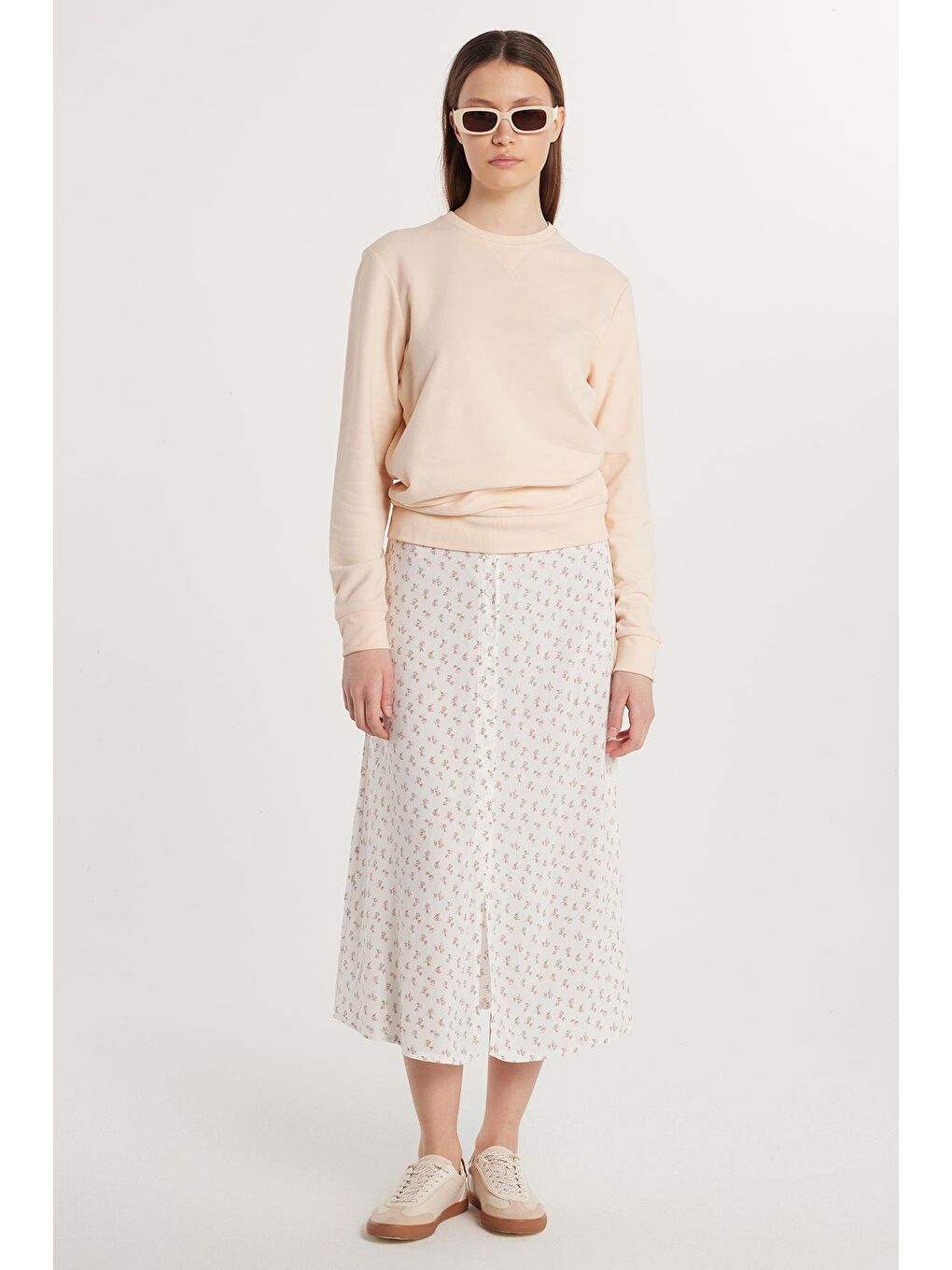 Karışık Kadın Standart Fit Düğmeli Viskon Lastikli Baskılı Midi Boy Etek-1