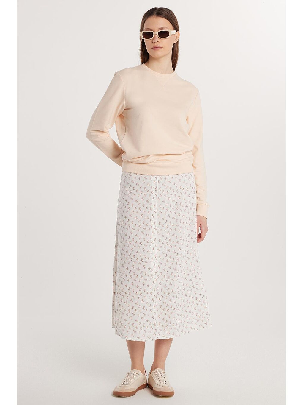 Karışık Kadın Standart Fit Düğmeli Viskon Lastikli Baskılı Midi Boy Etek-3