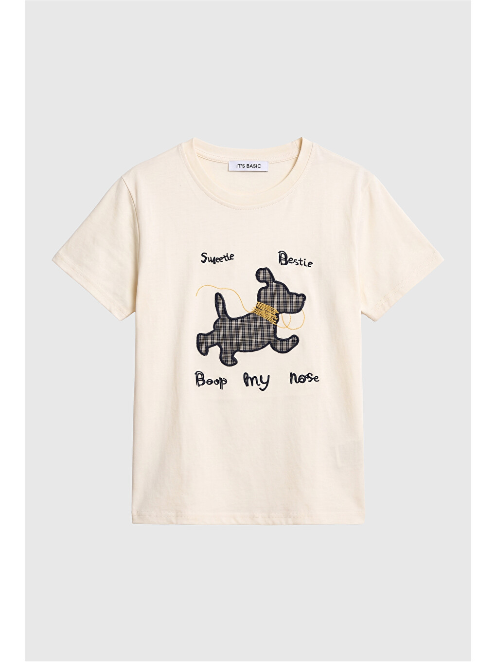 Kadın Bej Bol Kesim Köpek Nakışlı Özel Tasarım T-shirt-1