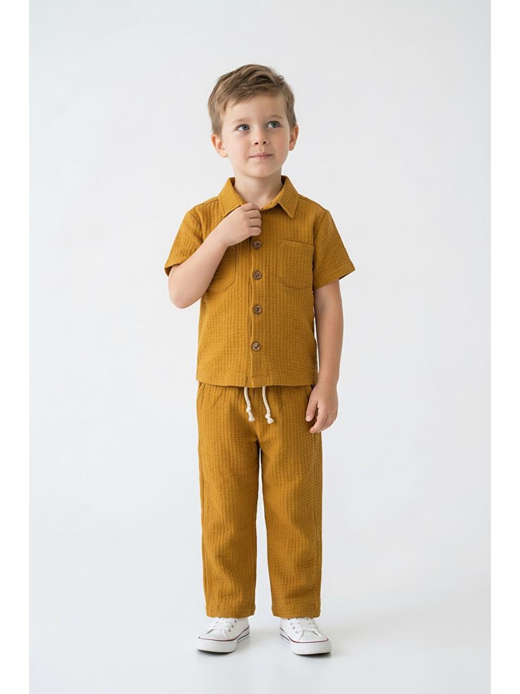 Sarı Gofreli Yazlık Gömlek 2li Takım-3