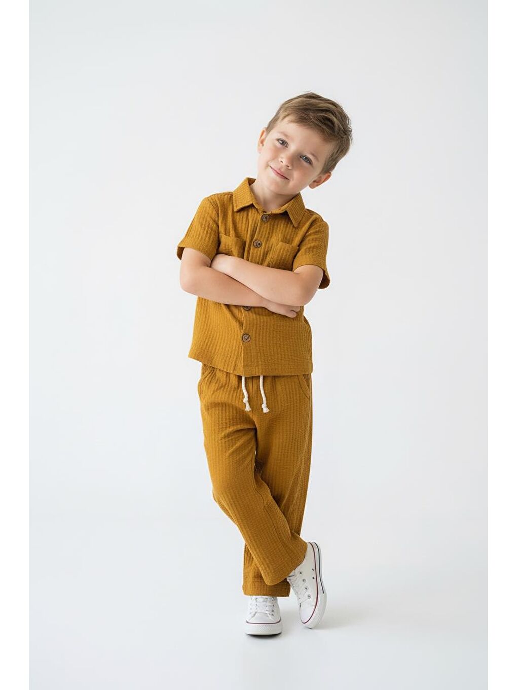 Sarı Gofreli Yazlık Gömlek 2li Takım-4