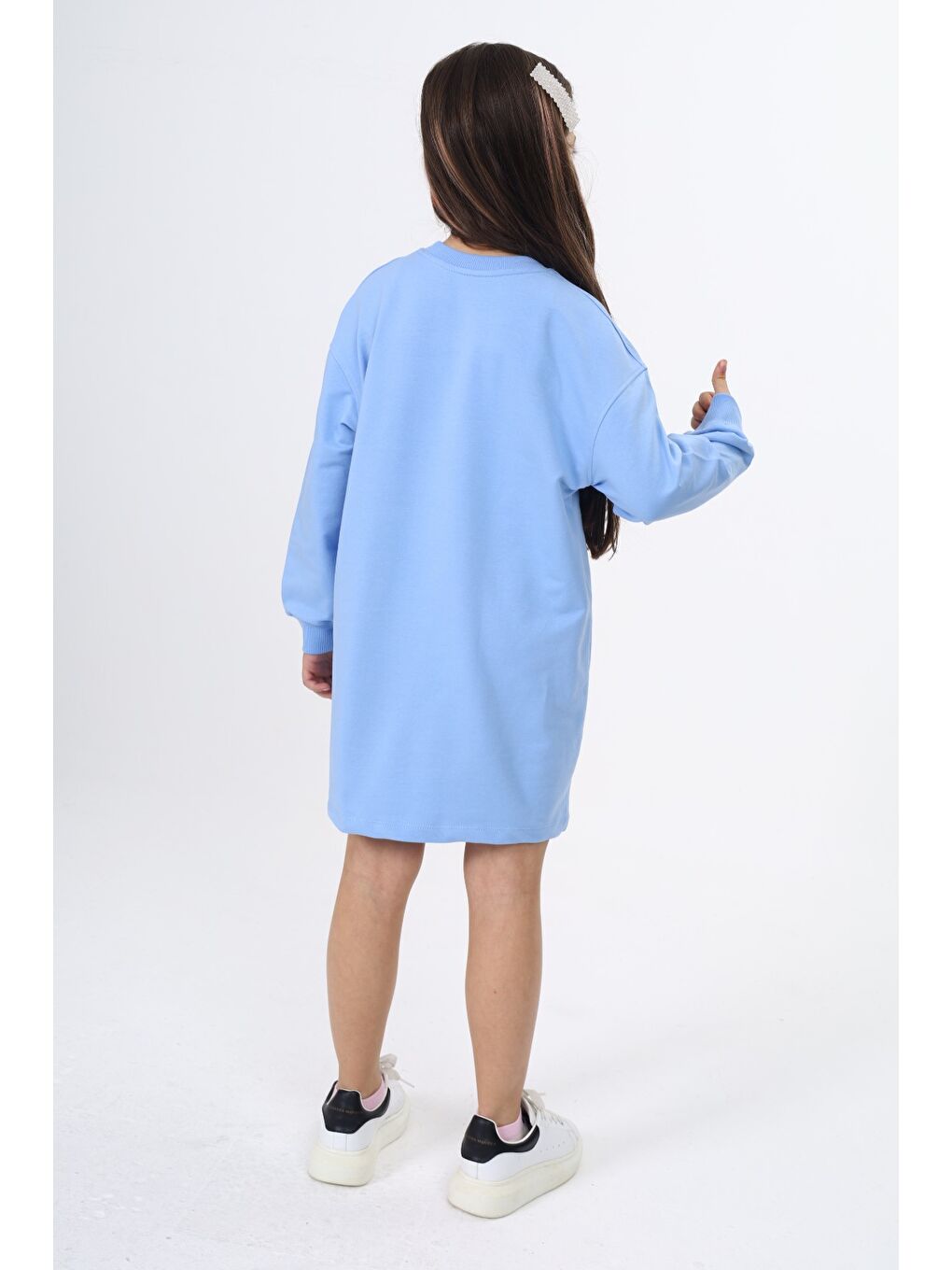 Mavi Kız Çocuk Baskılı Elbise-4
