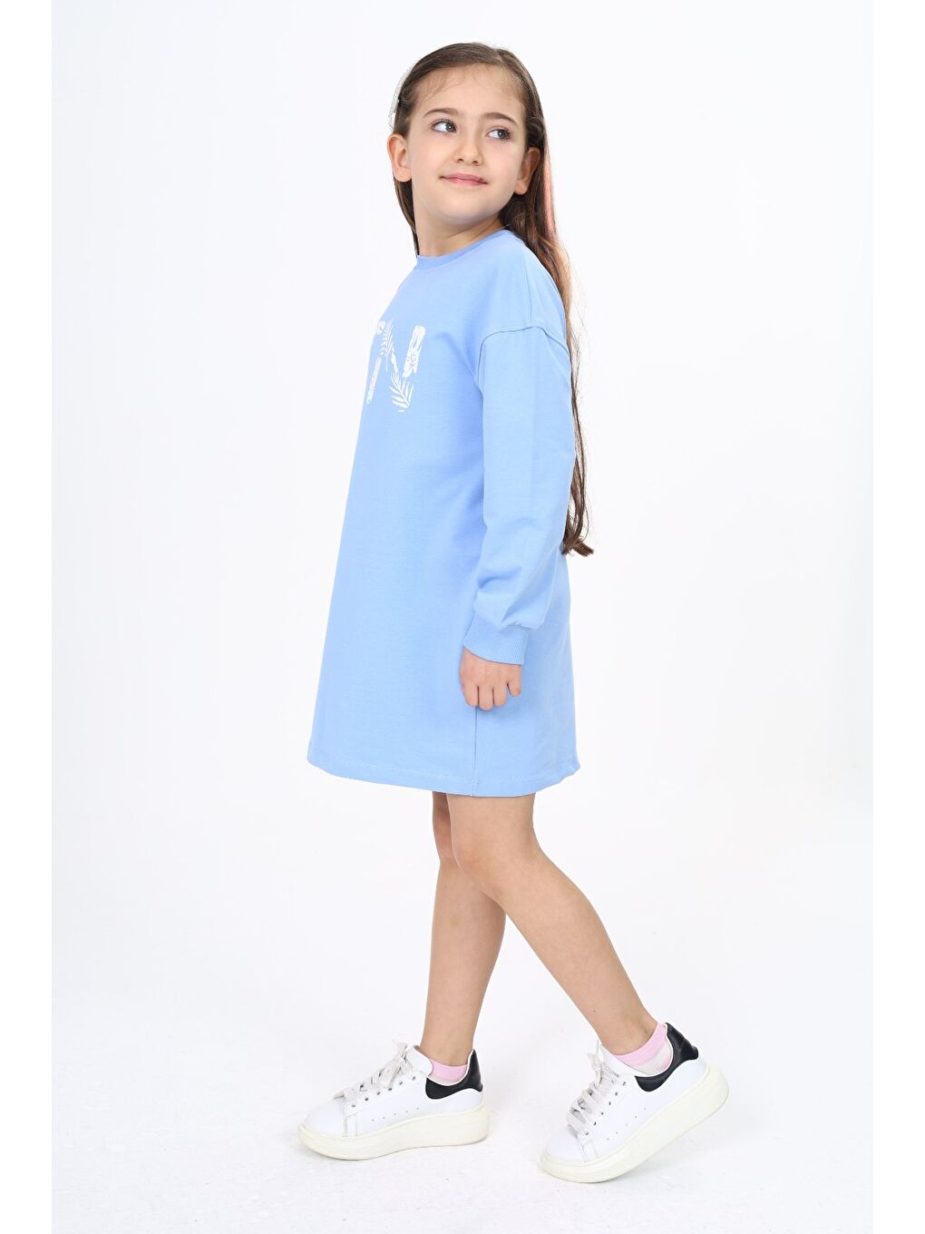 Mavi Kız Çocuk Baskılı Elbise-5