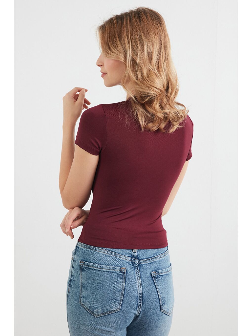 Bordo Basic Bisiklet Yaka Crop Tişört-2