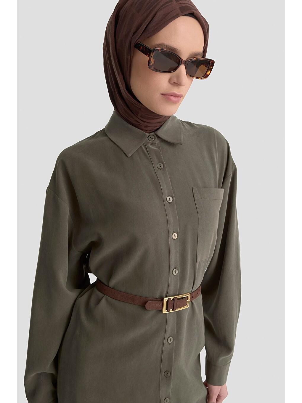 Düğmeli Lyocell Tunik Haki-3