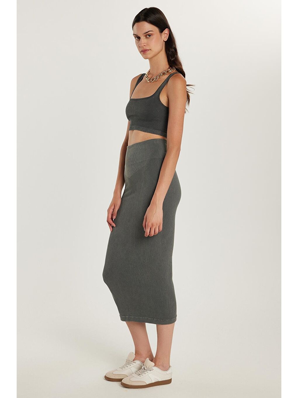 Kadın Slim Fit Pamuklu Düz Uzun Antrasit Etek-2