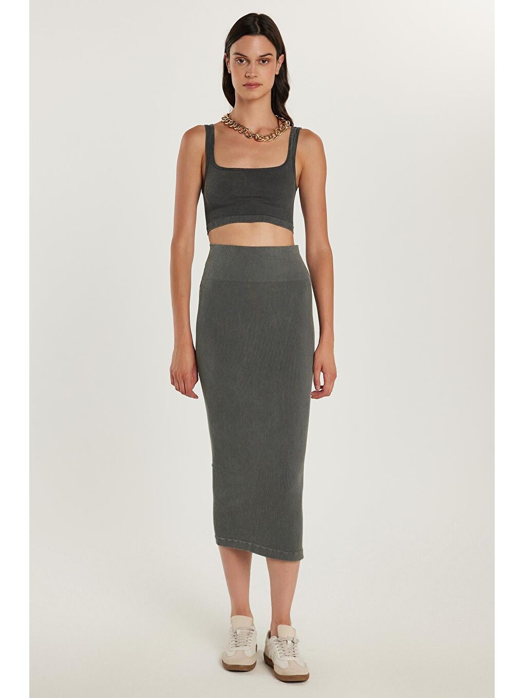 Kadın Slim Fit Pamuklu Düz Uzun Antrasit Etek-3