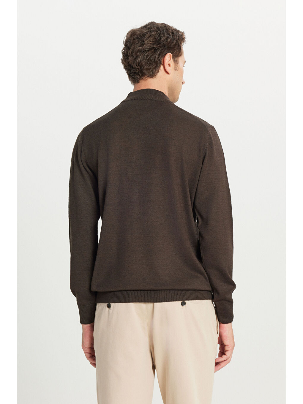 Erkek Kahverengi Yünlü Standart Fit Normal Kesim Yarım Balıkçı Yaka Basic Triko Kazak-4
