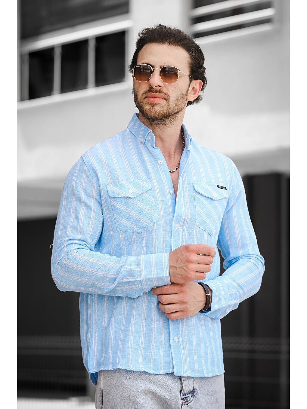 Turkuaz Dar Kalıp Çift Cep Kapaklı Çizgili Erkek Gömlek