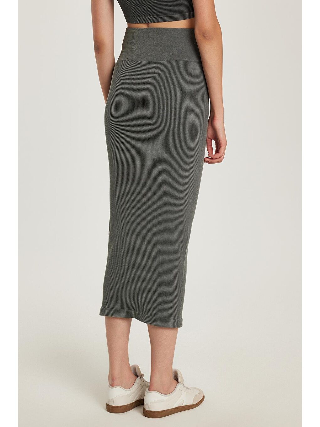 Kadın Slim Fit Pamuklu Düz Uzun Antrasit Etek-4