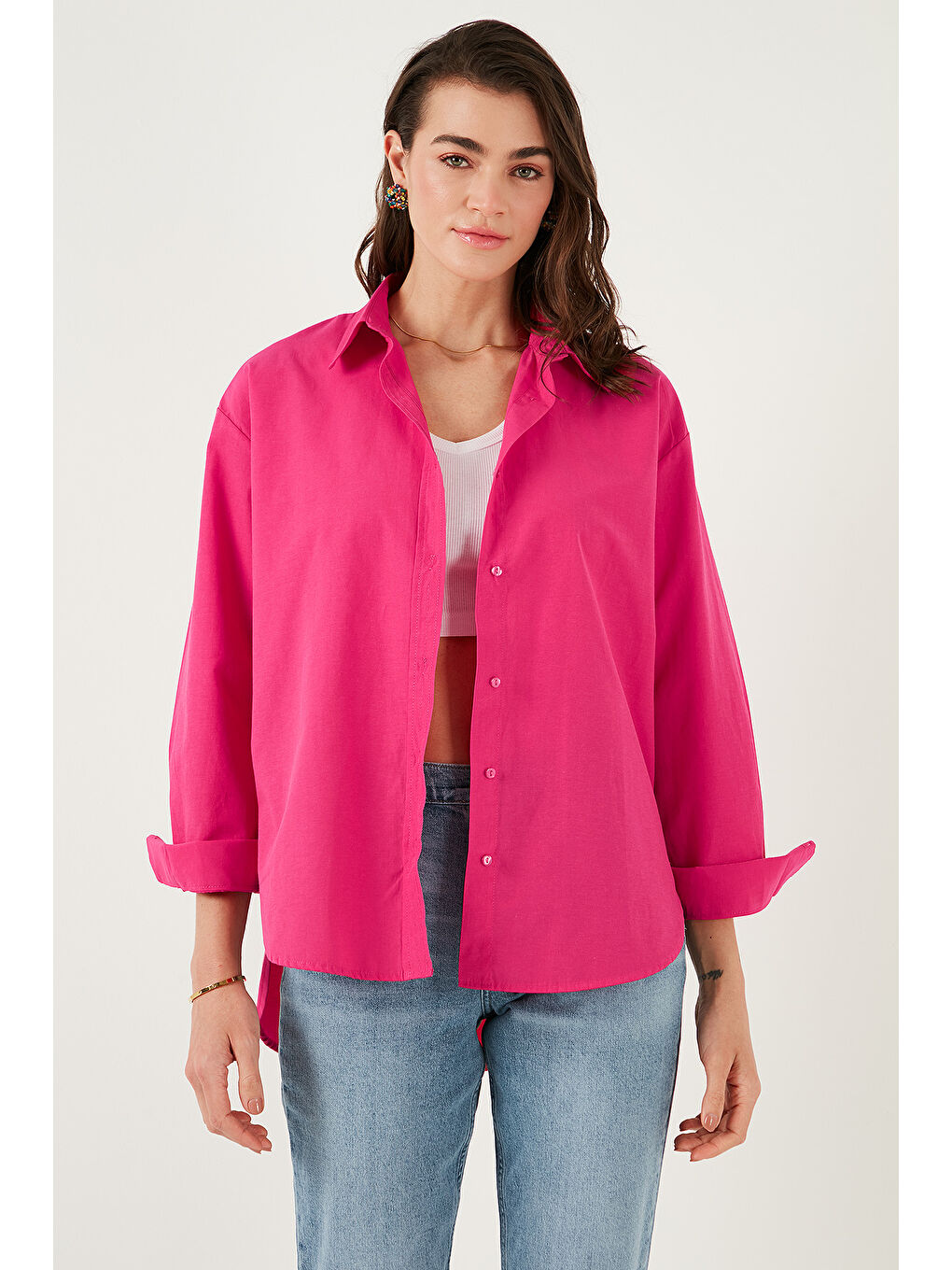 Fuşya Pamuklu Regular Fit Önü Kısa Arkası Uzun Oval Kesim Gömlek Cf25S163867-4