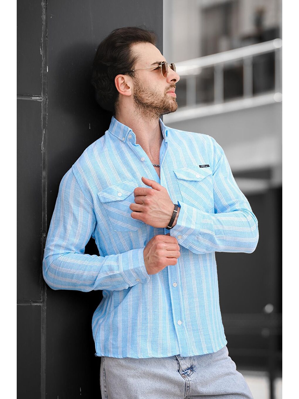 Turkuaz Dar Kalıp Çift Cep Kapaklı Çizgili Erkek Gömlek-1