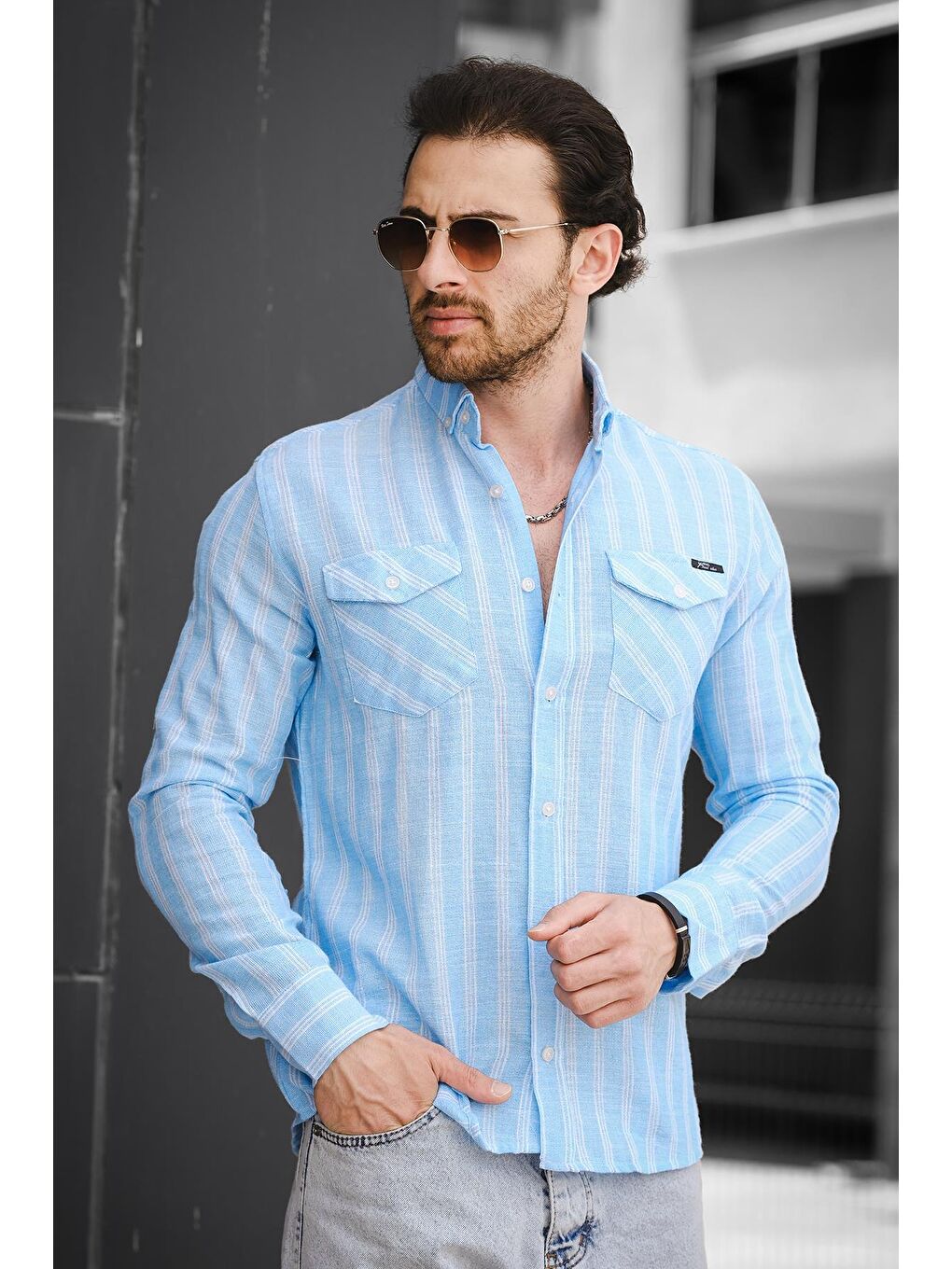 Turkuaz Dar Kalıp Çift Cep Kapaklı Çizgili Erkek Gömlek-2