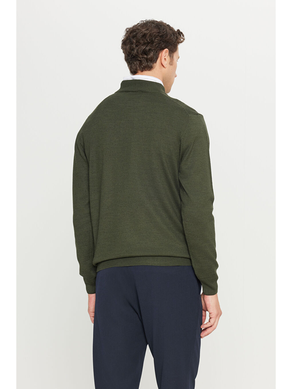 Erkek Haki Yünlü Standart Fit Normal Kesim Yarım Balıkçı Yaka Basic Triko Kazak-4