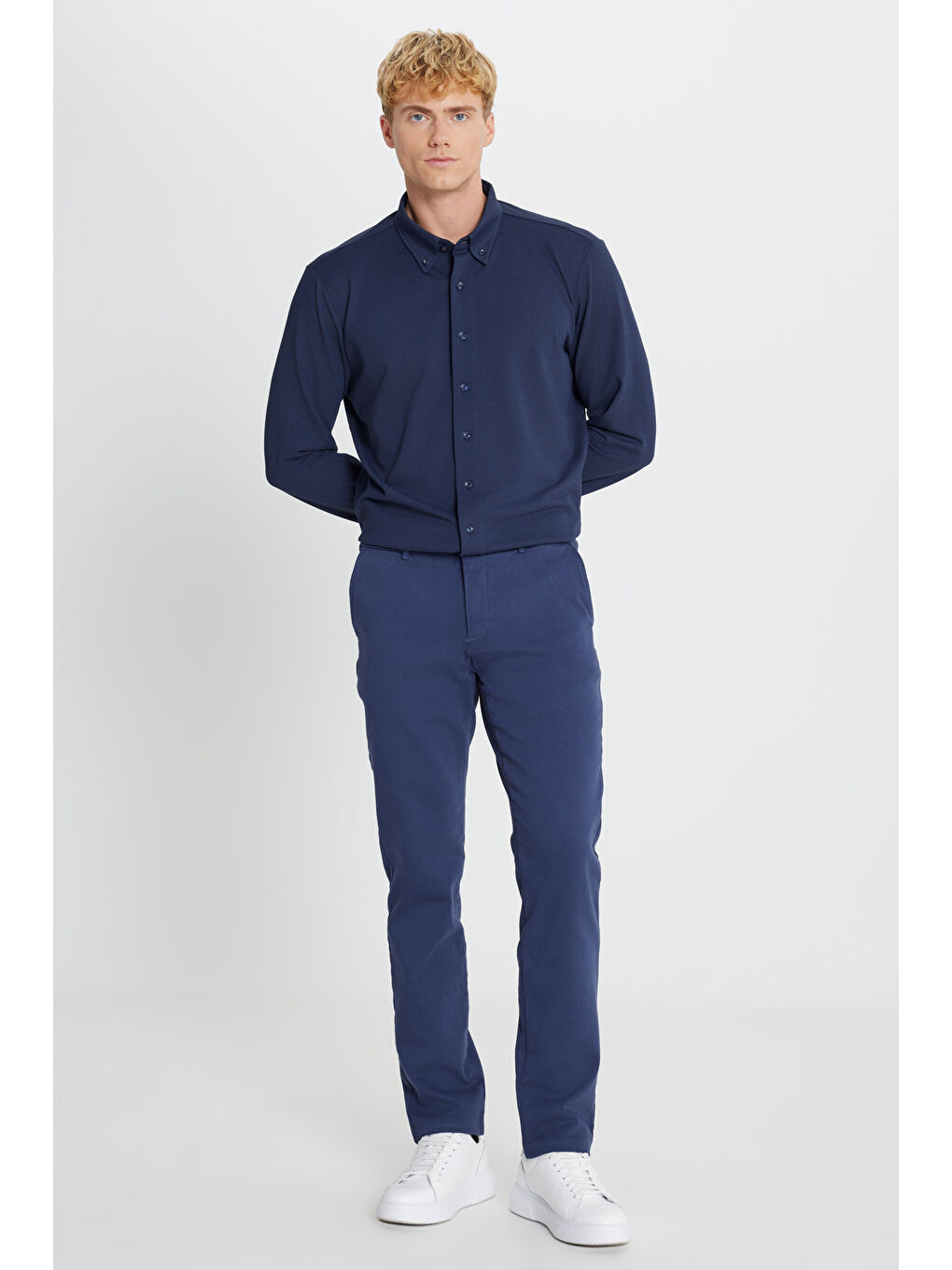 Erkek İndigo Pamuklu Slim Fit Dar Kesim Yan Cep Casual Pantolon-1