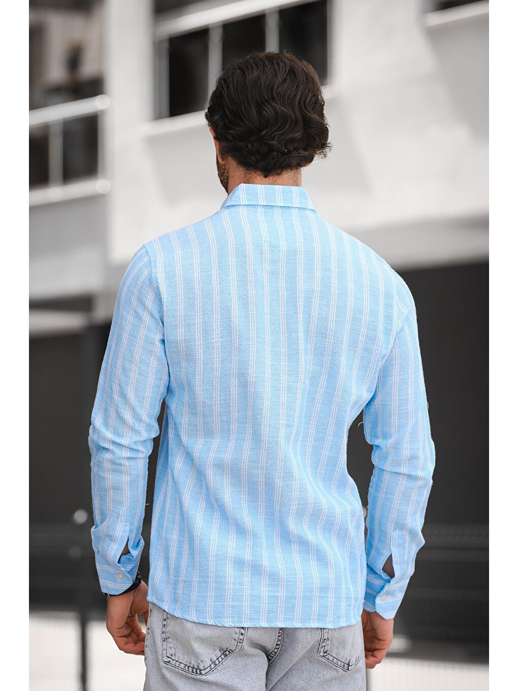 Turkuaz Dar Kalıp Çift Cep Kapaklı Çizgili Erkek Gömlek-3