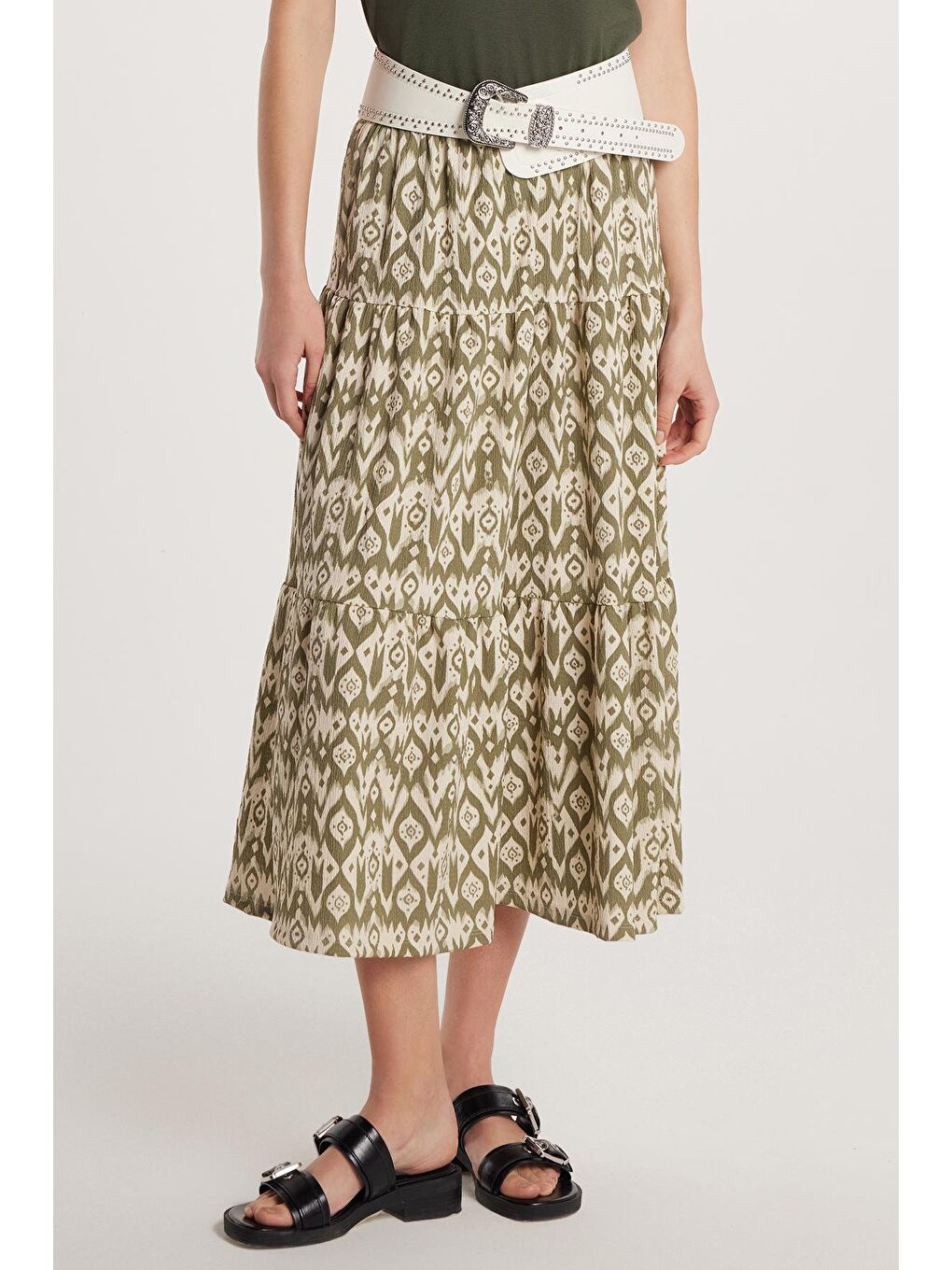 Karışık Kadın Standart Fit Beli Lastikli Baskılı Midi Boy Etek