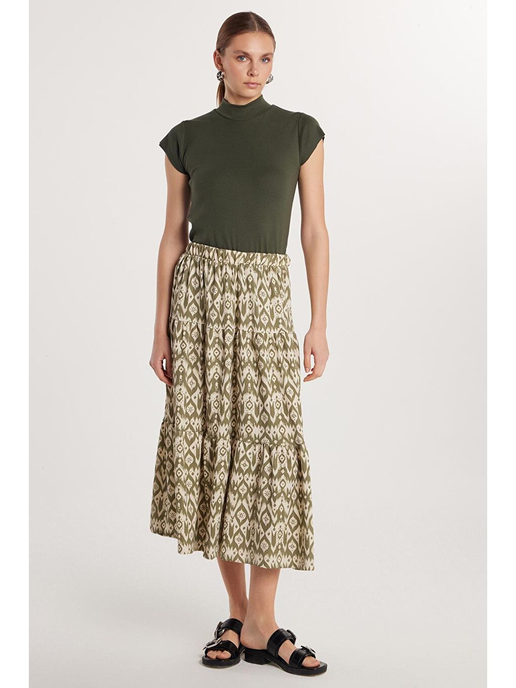 Karışık Kadın Standart Fit Beli Lastikli Baskılı Midi Boy Etek-1