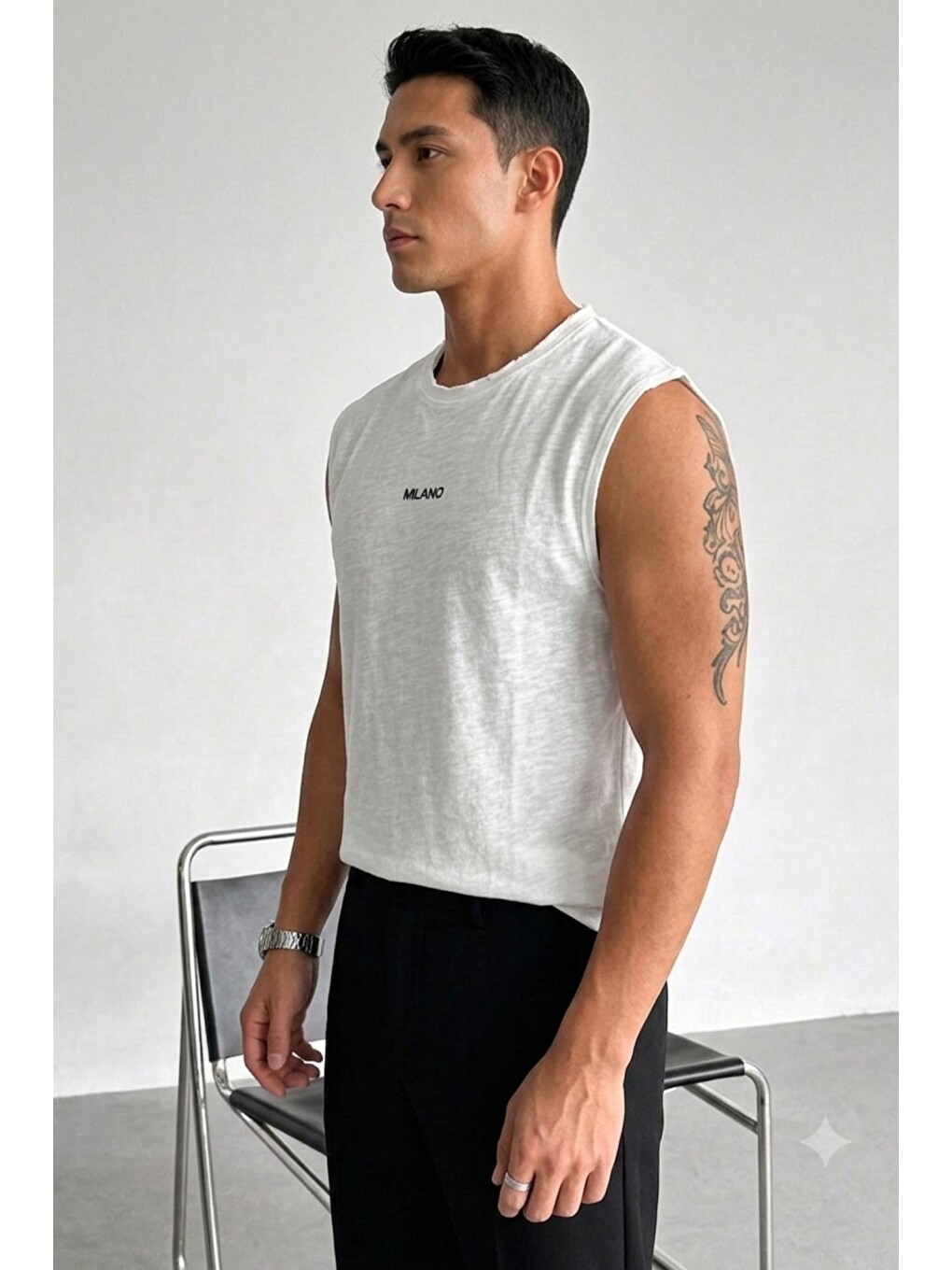 Beyaz Erkek Milano Nakışlı Flamlı Pamuklu Ham Yaka (pis Yaka) Regular Fit Kolsuz T-shirt / Atlet-1